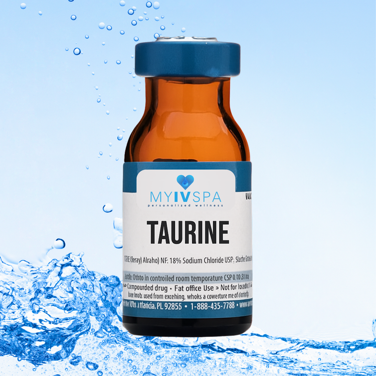 Vial of Taurine IV solution with blue cap and label, against a blue water background.