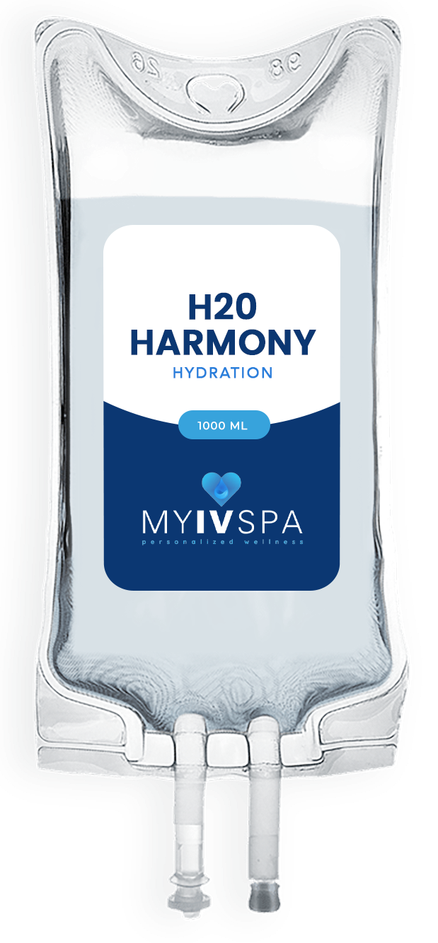 IV bag labeled "H20 HARMONY HYDRATION" from MyIVSpa. Clear fluid inside.