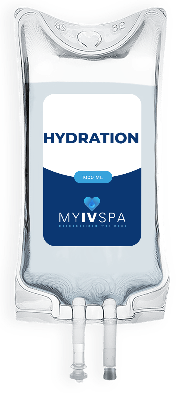IV bag labeled "HYDRATION" from MyIVSpa. Clear fluid inside.