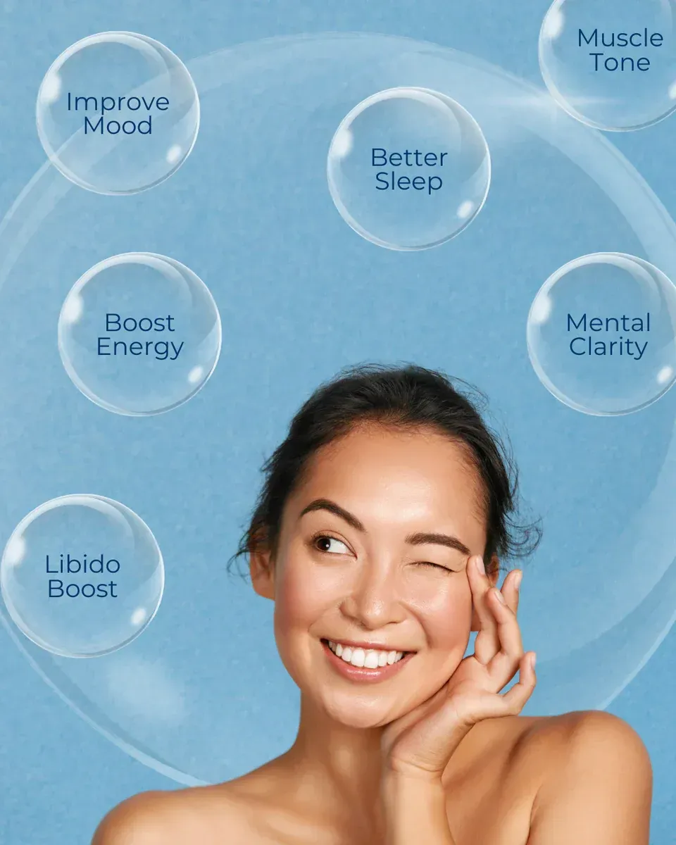Woman winks, surrounded by bubbles listing benefits like