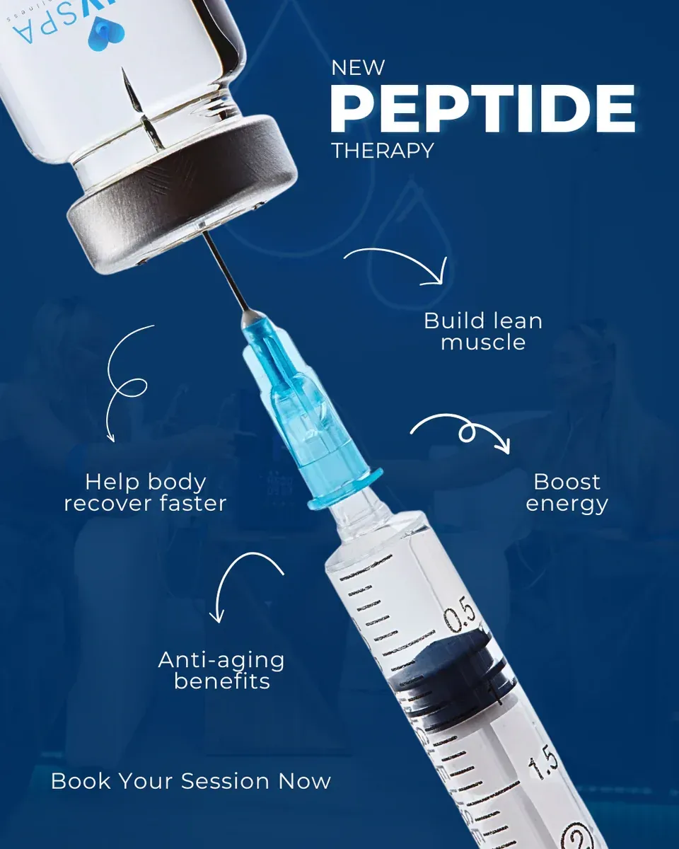 Peptide therapy ad showing a syringe, vial, and benefits: muscle building, energy boost, recovery, and anti-aging.
