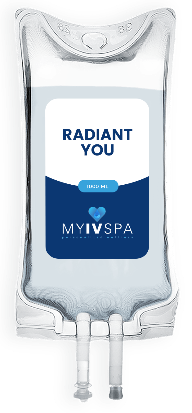IV bag labeled "Radiant You" from My IV Spa.