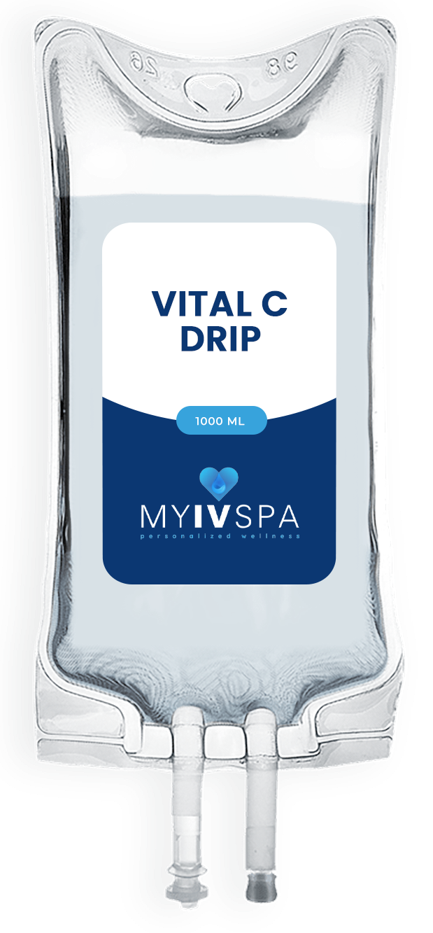 IV bag labeled "Vital C Drip" with "My IV Spa" logo, white and blue label, on a white background.