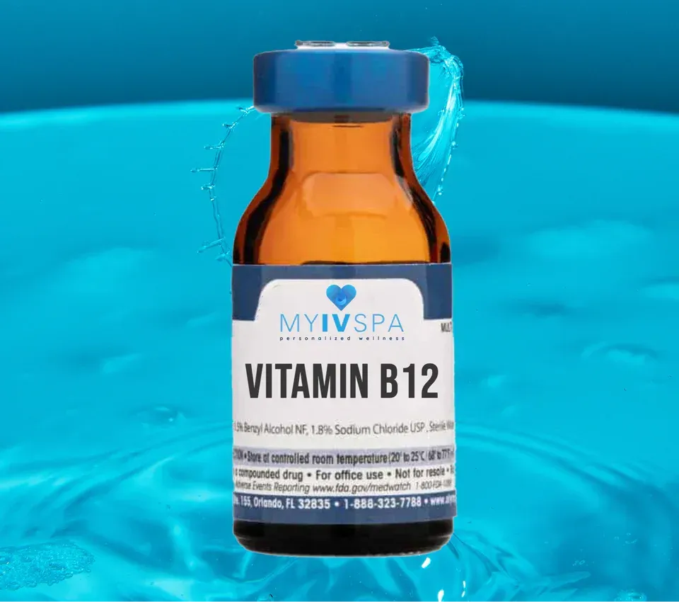 Vial of Vitamin B12 against a blue background, labeled