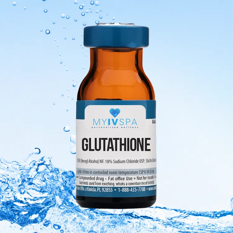 Vial of glutathione with blue label, surrounded by water droplets on a blue background.
