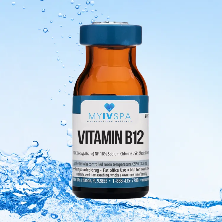 Vial of Vitamin B12 from My IV Spa with blue label and cap. Water in the background.