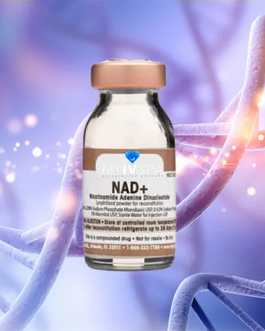 Vial of NAD+ with label, set against a background of DNA strands.