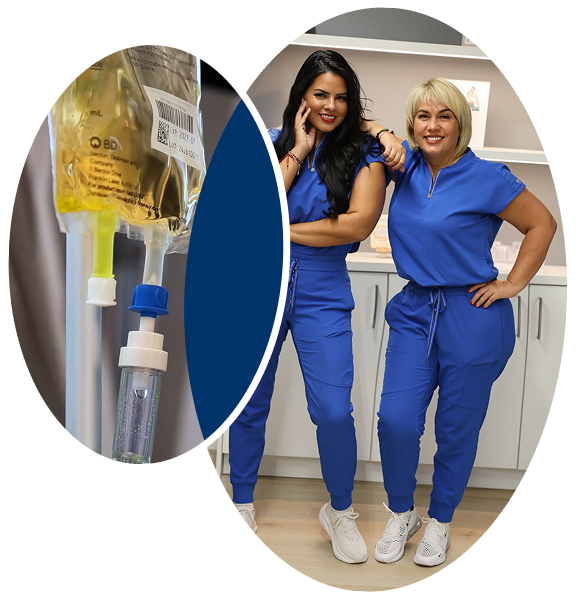 IV bag and two women in blue scrubs, smiling, in a medical setting.
