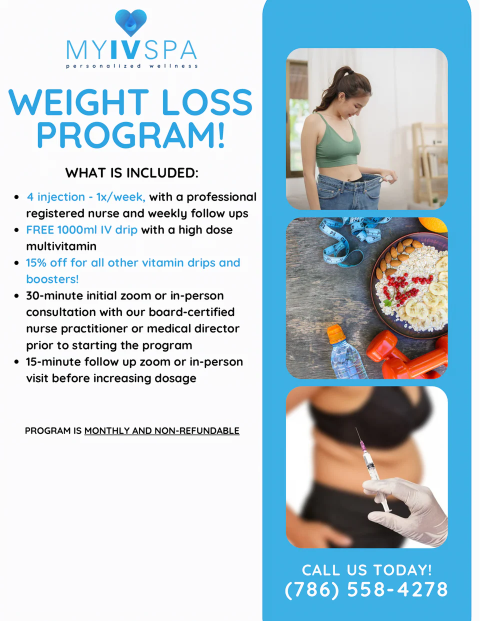 Weight loss program advertisement: Woman in activewear, food, and syringe. Blue and white. Contact info included.