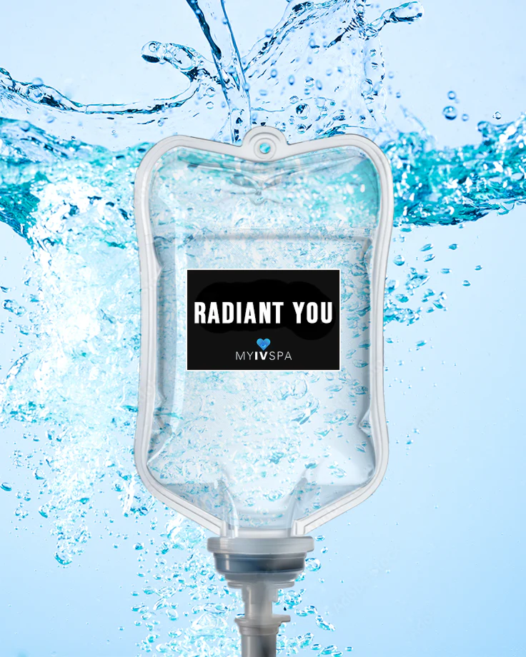 IV bag filled with liquid, labeled 