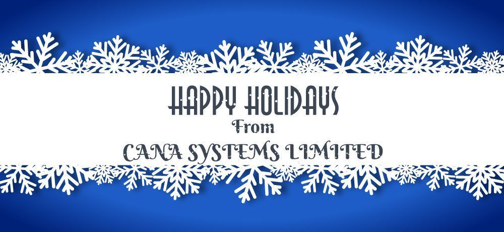 A blue background with white snowflakes and the words happy holidays from cana systems limited