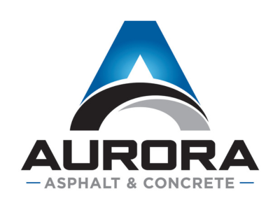 Aurora Asphalt & Concrete logo with blue arch and black arc above gray text
