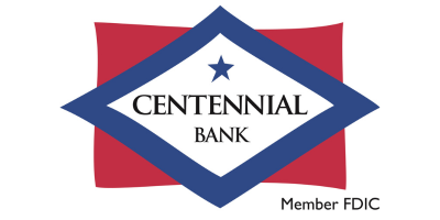 Centennial Bank logo with blue and red geometric shape, star, and “Member FDIC” text