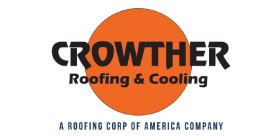 Crowther Roofing & Cooling logo with black and orange text and an orange roof icon