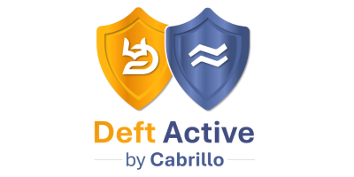 Deft Active by Cabro logo with orange and blue shields and white icons