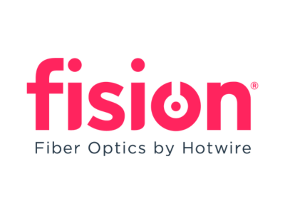 Fision logo in pink with the tagline “Fiber Optics by Hotwire” on a white background