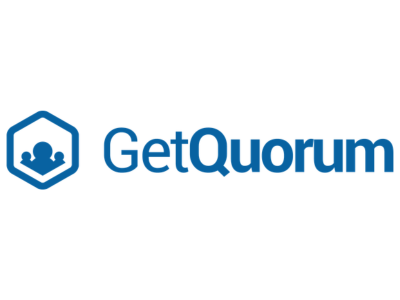 GetQuorum blue logo with hexagon icon and wordmark on white background