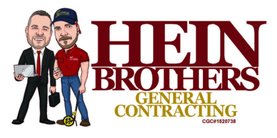 Hein Brothers General Contracting logo with two cartoon builders beside red text on white background