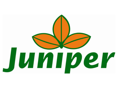 Juniper logo with green text and an orange leaf design above it