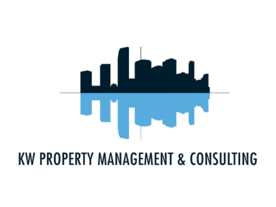 KW Property Management & Consulting logo with dark blue and light blue city skyline reflection