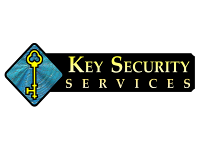 Key Security Services logo with blue diamond key icon and black banner text