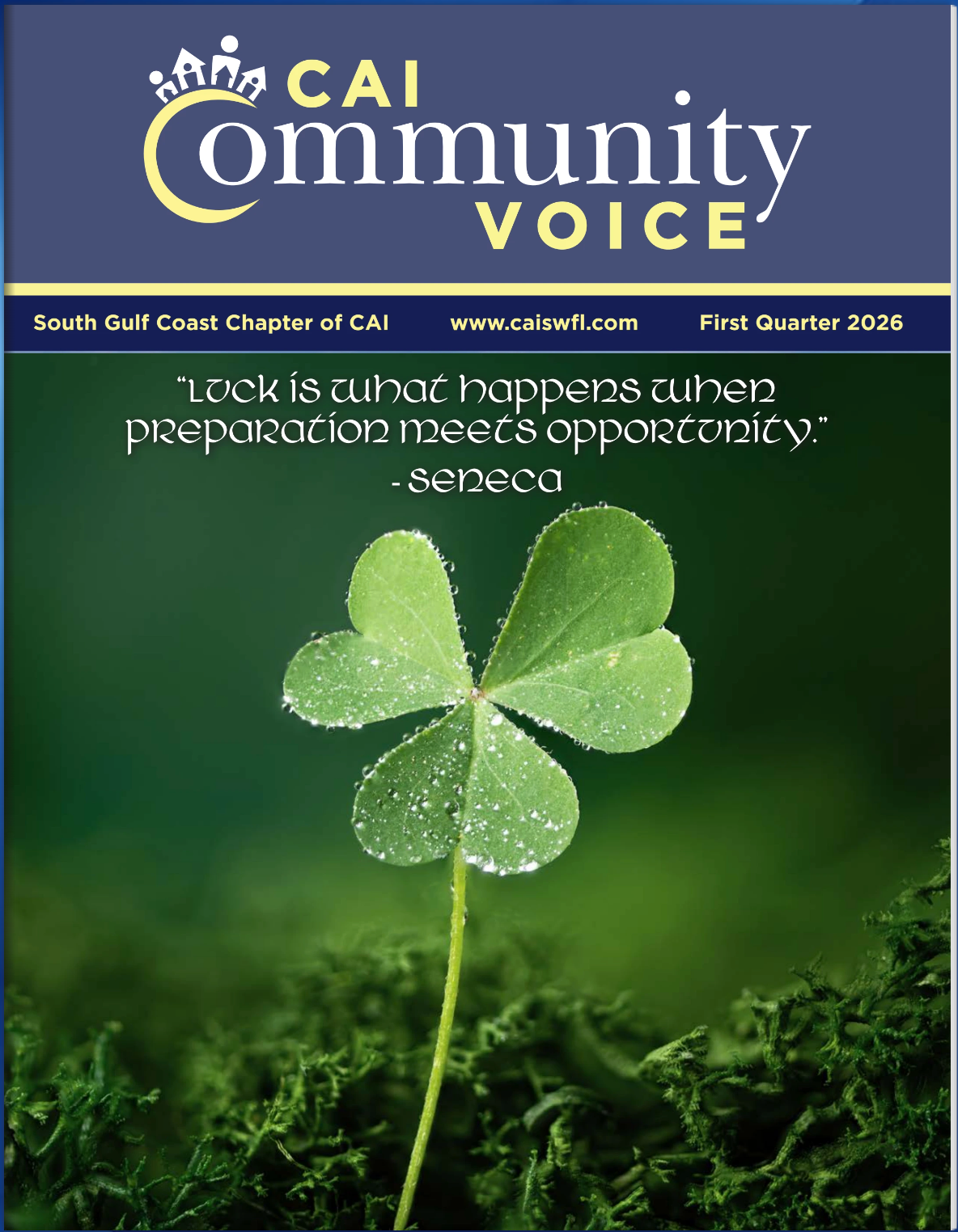 CAI Community Voice cover with a green four-leaf clover on moss and the headline “Luck is no accident.”
