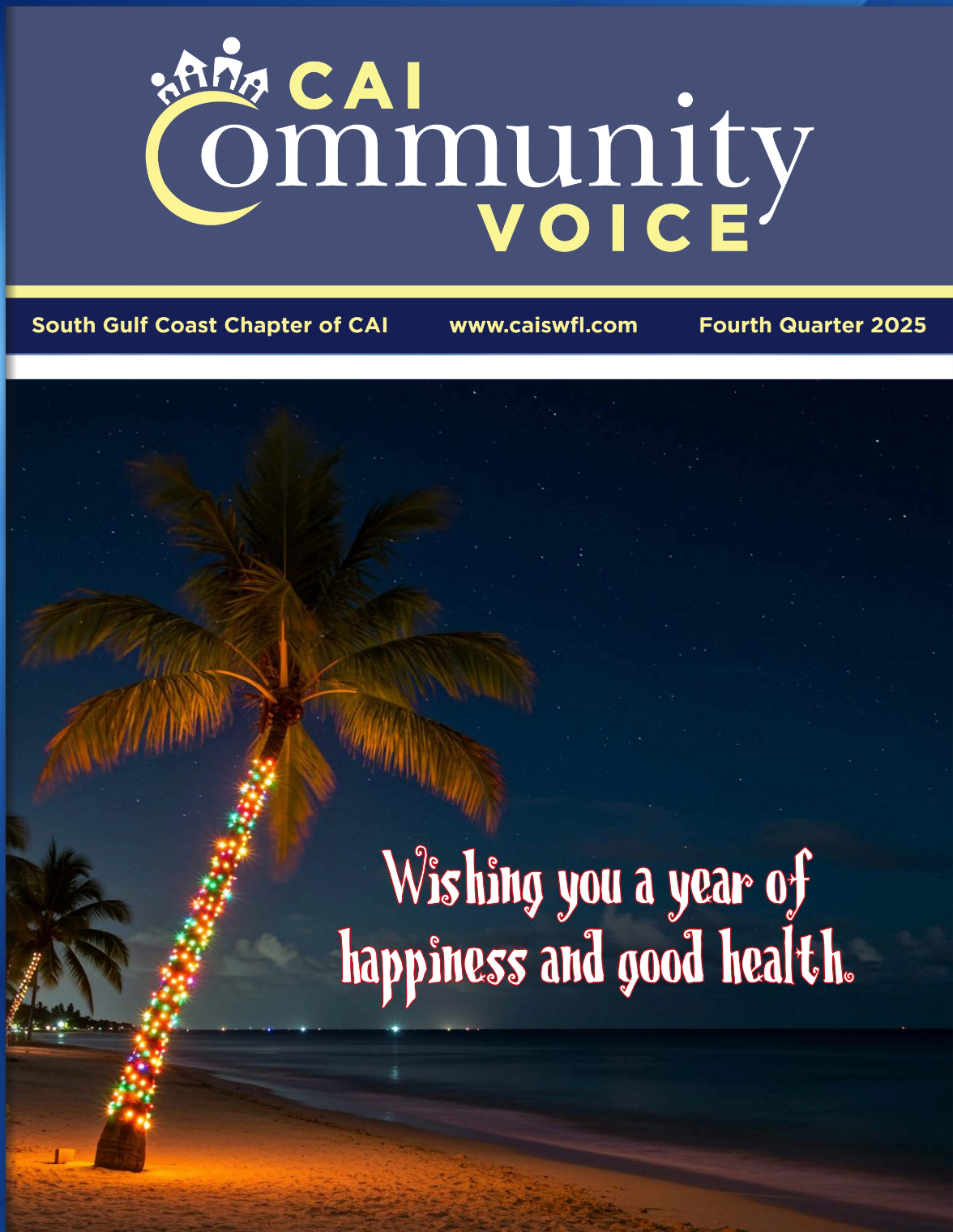 CAI Community Voice holiday cover with palm tree lights and “Wishing you a year of happiness and good health.”