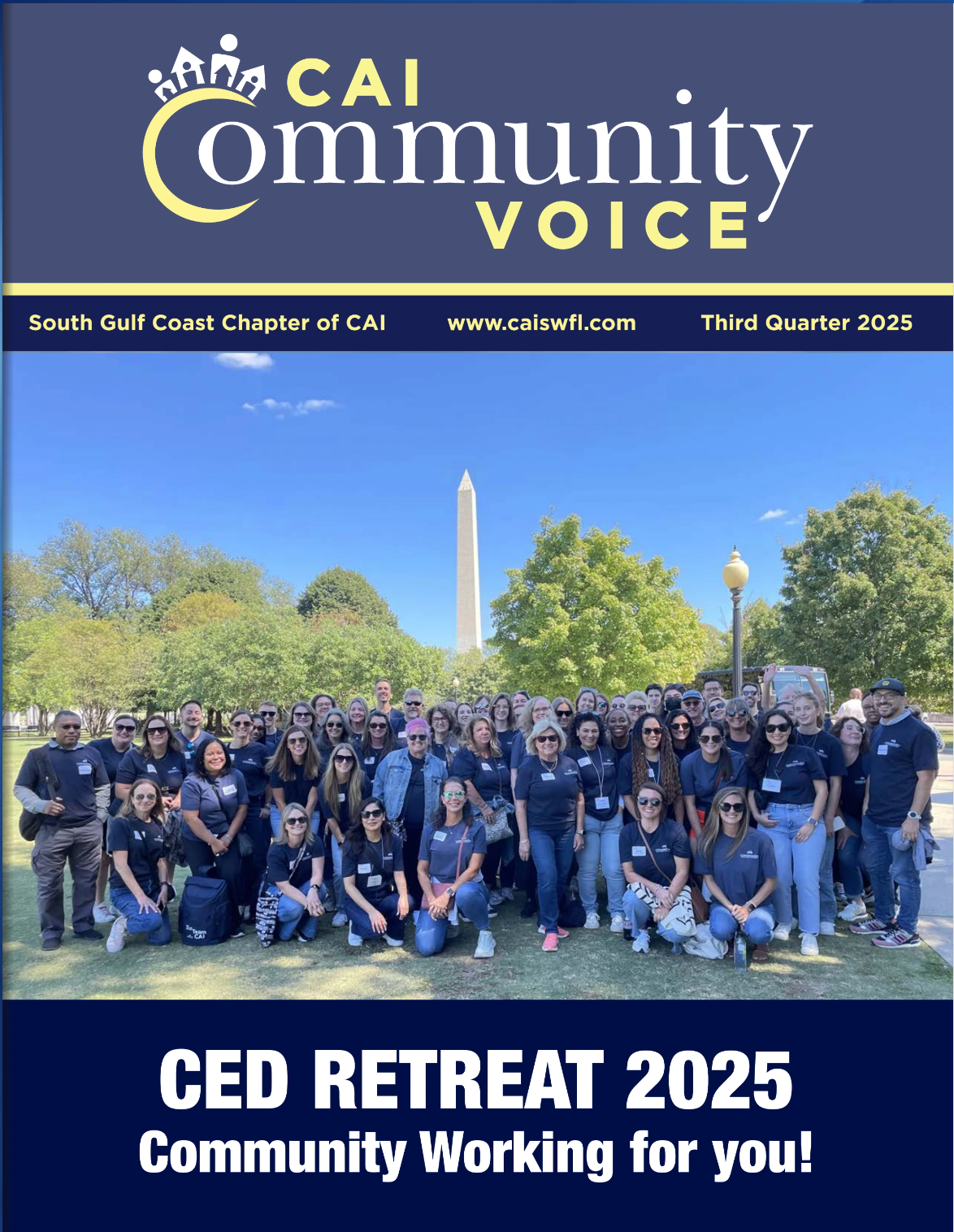 CED Community Voice newsletter cover with group photo at CED retreat 2025 and Washington Monument in background