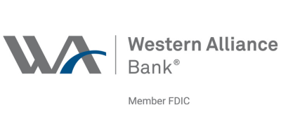 Western Alliance Bank logo with gray and blue lettering, Member FDIC text below