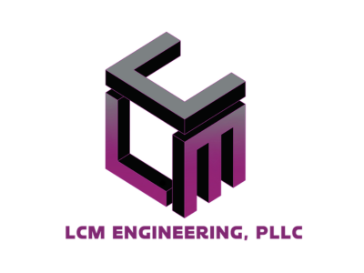 LCM Engineering, PLLC logo in black and purple geometric lettering