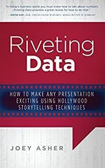 Book cover for Riveting Data by Joey Asher, featuring white text on a red and textured gray background.