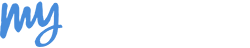 Blue handwritten “my” on a white background