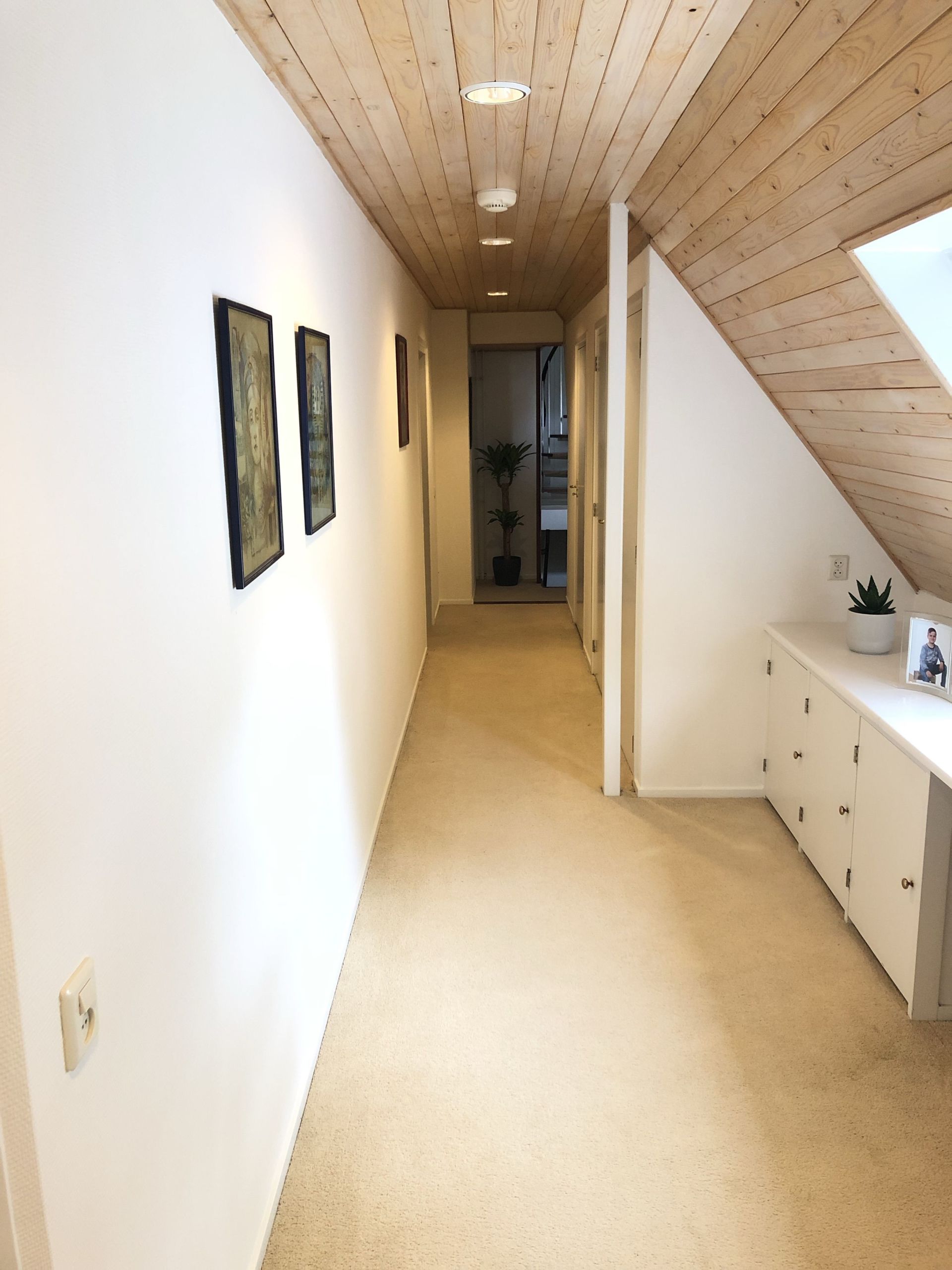 Lange gang met lichtgekleurde muren, plafond met houten lambrisering en beige tapijt. Links een ingelijst kunstwerk.