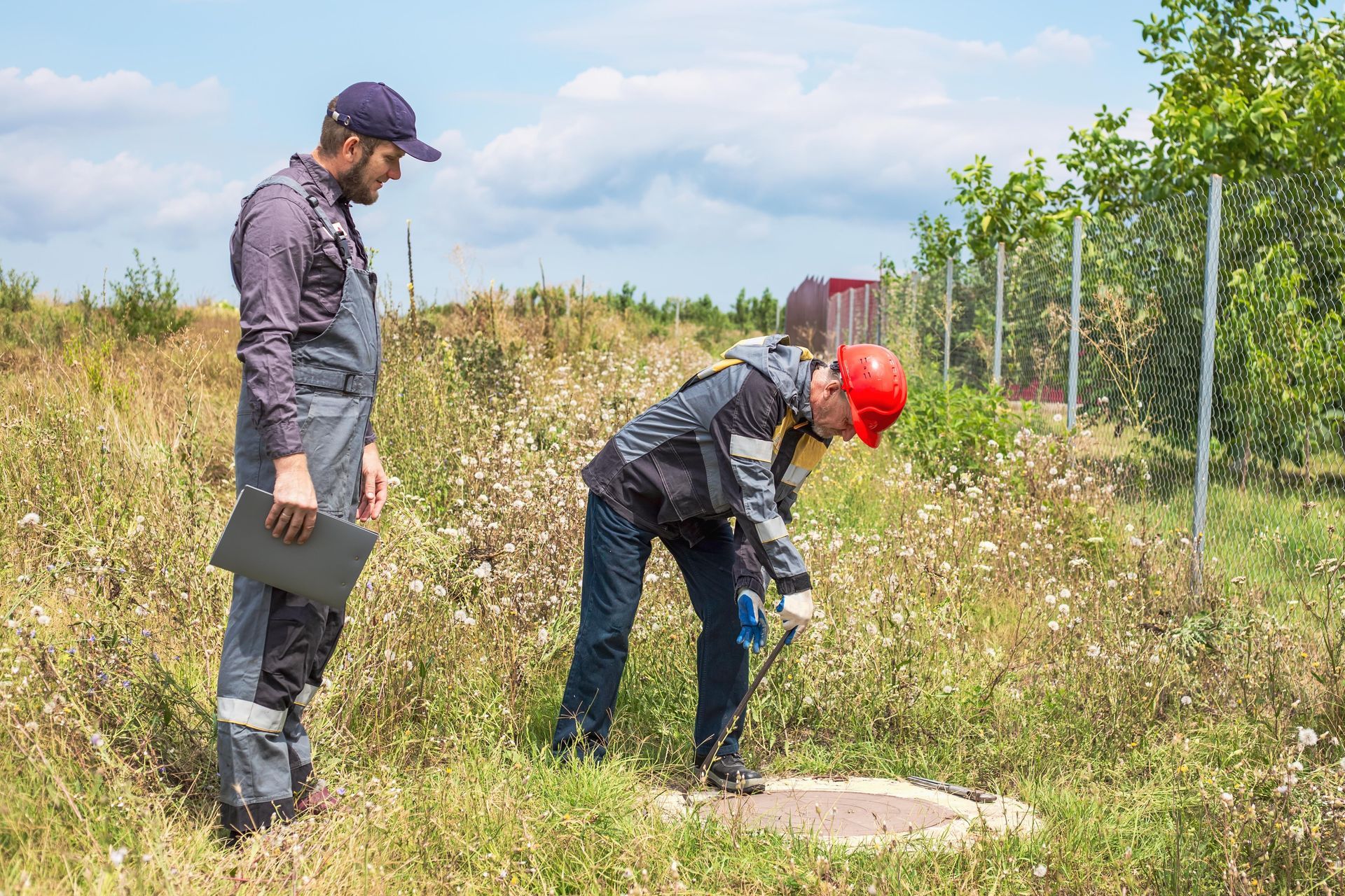 Two men are inspecting a septic system.