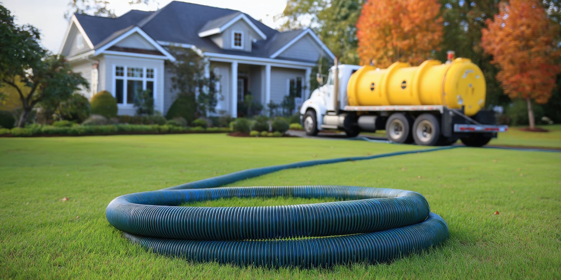 Long hose on a lawn leading to a septic service truck parked near a house
