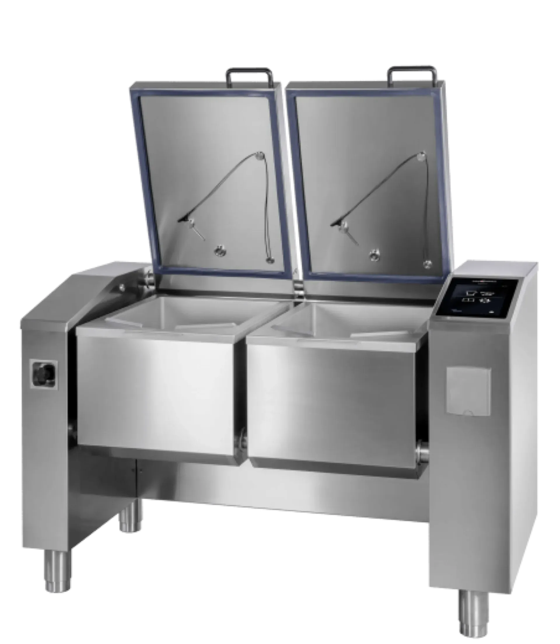 Roestvrijstalen, commerciƫle kantelbare braadpan met twee compartimenten, deksel kan open.