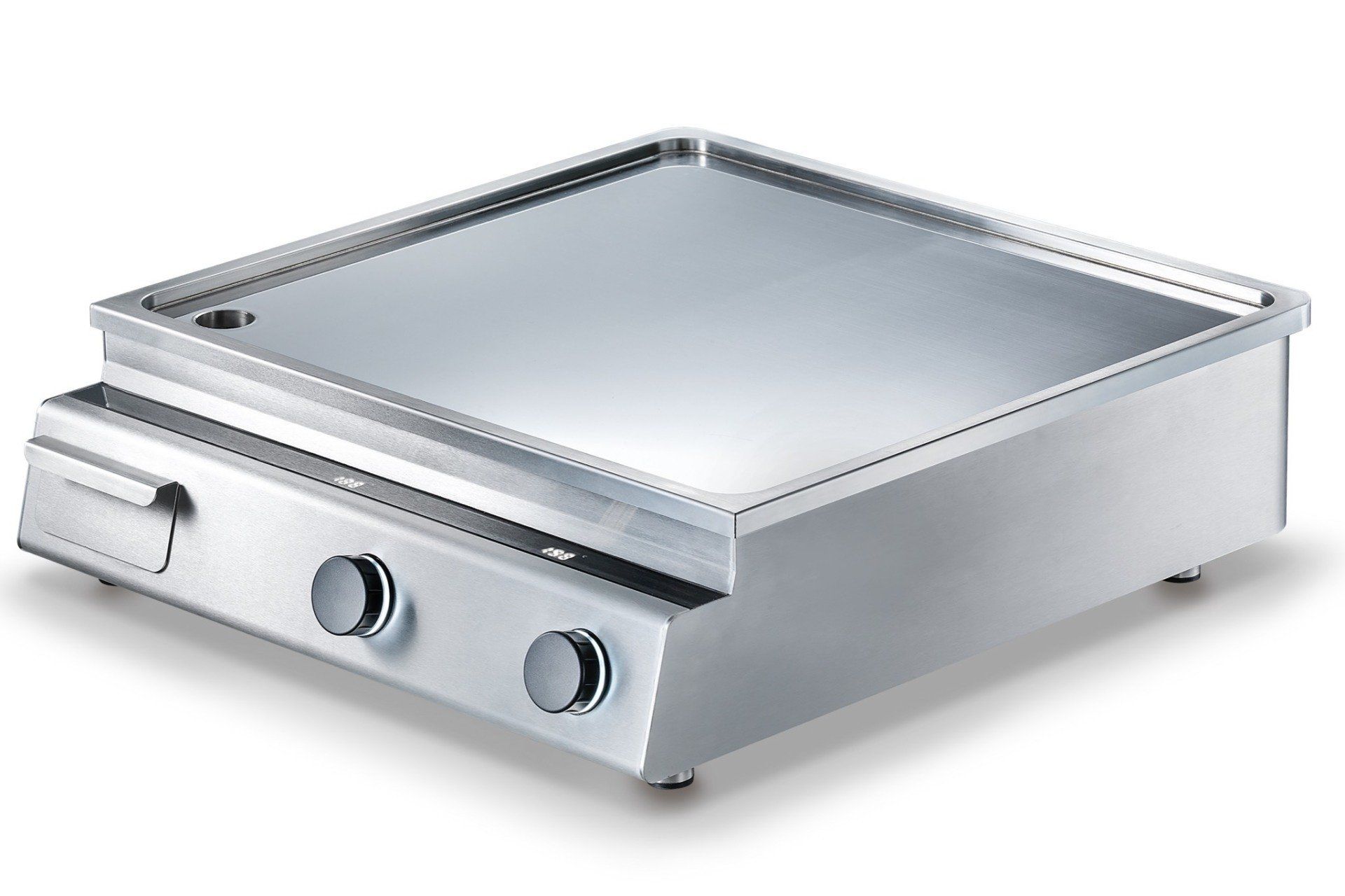 Een roestvrijstalen kookplaat met twee knoppen erop