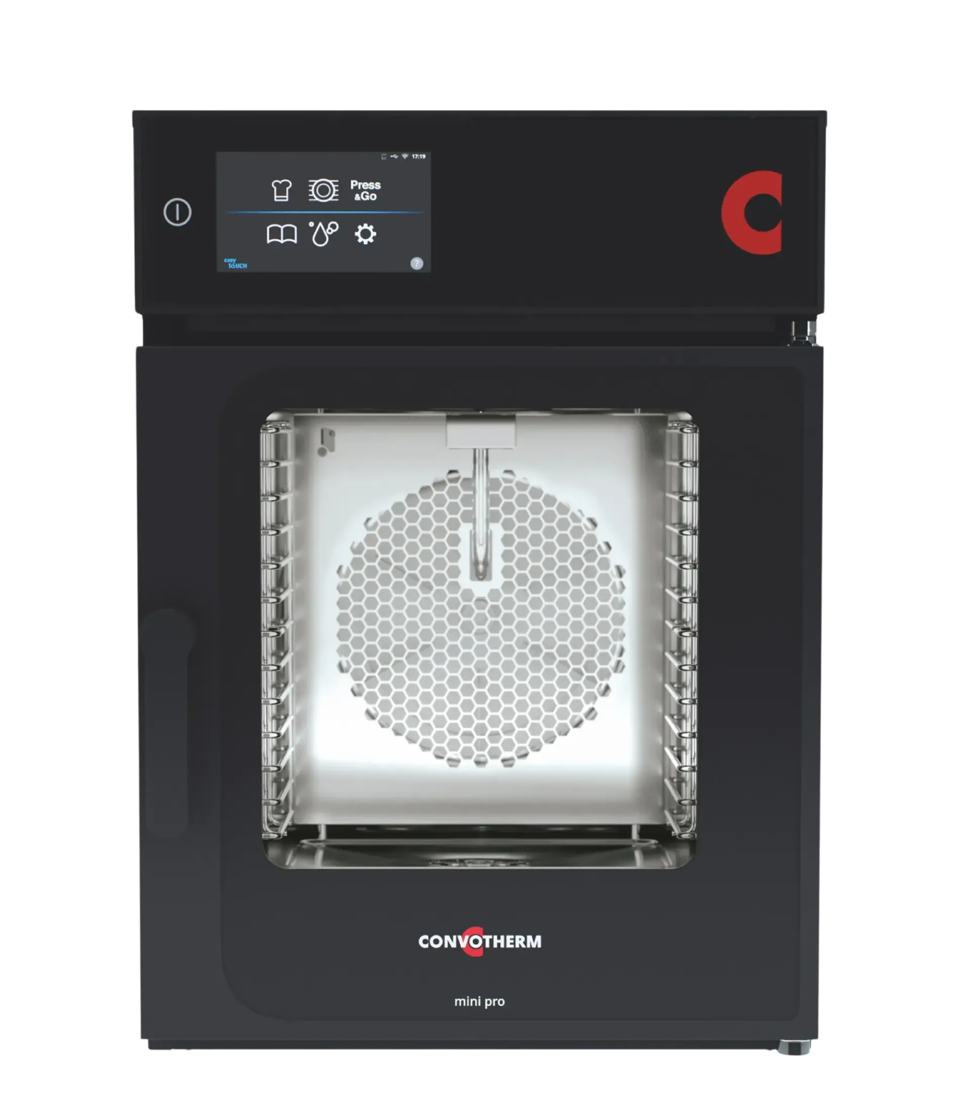 Een zwarte oven met de deur open en een hoop eten erin.