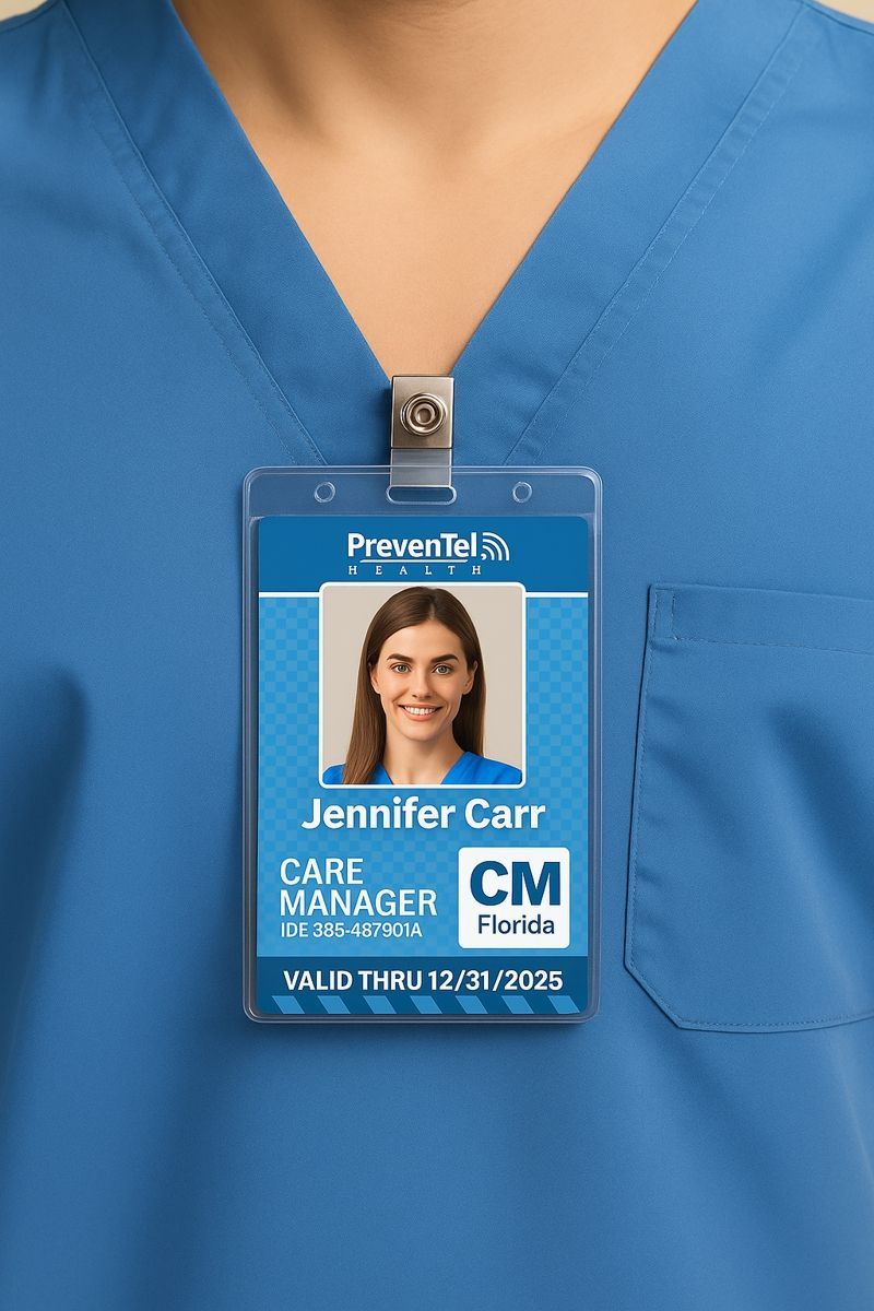 Close-up of a healthcare professional wearing blue scrubs with a Preventel Health ID badge clipped to the neckline. The badge displays the name Jennifer Carr, title Care Manager, ID number, Preventel Health logo, and the state designation CM Florida, with a validity date through December 31, 2025.