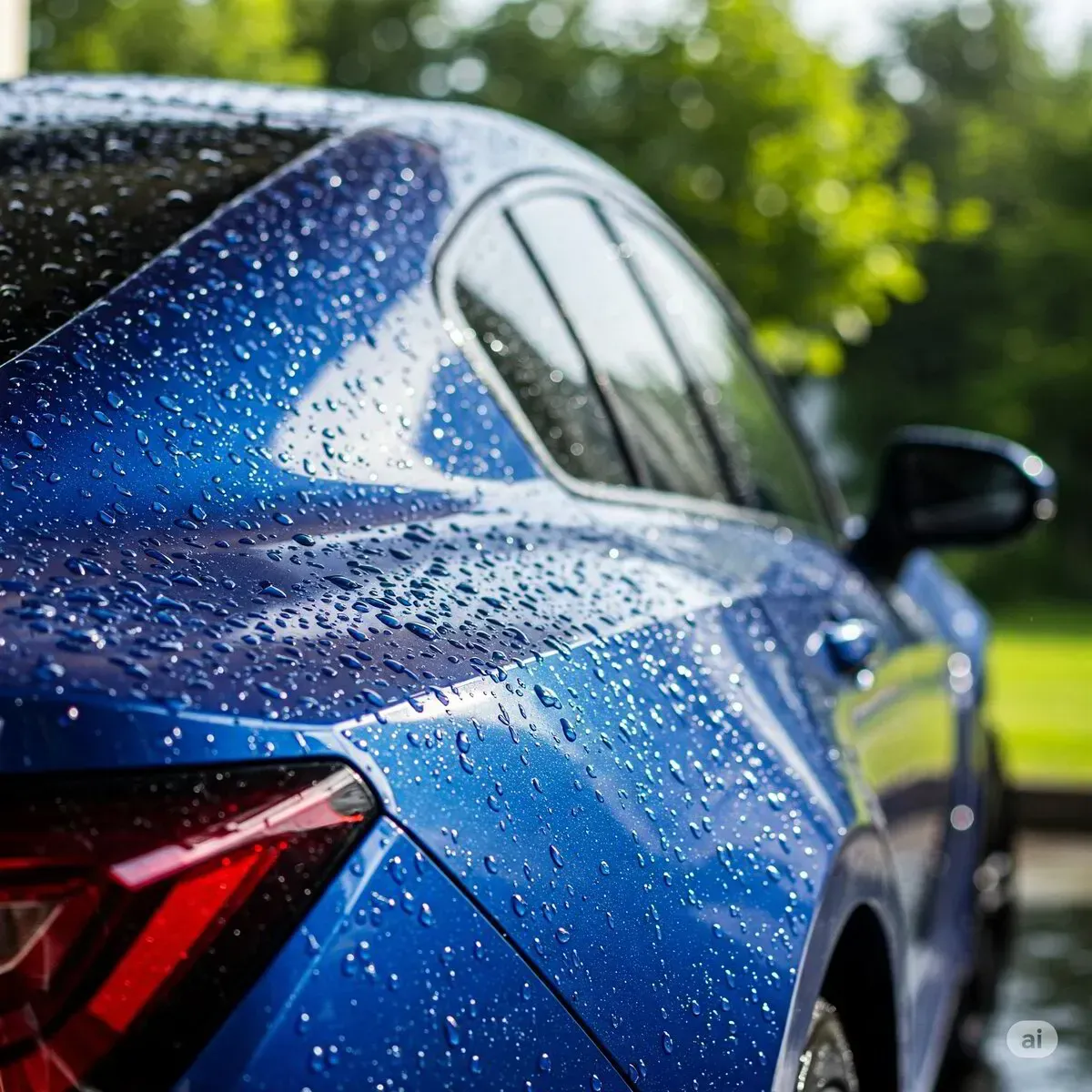 Blue car covered in raindrops; close-up of the rear, side profile; sunny outdoor setting.
