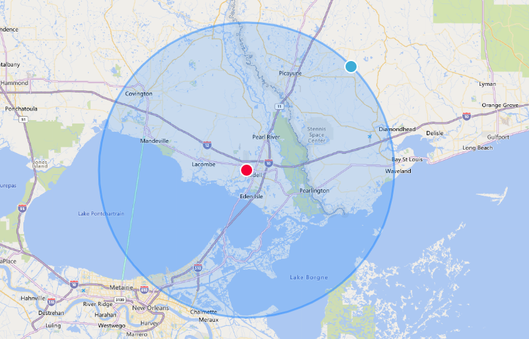 A map of the united states with a circle around a city.