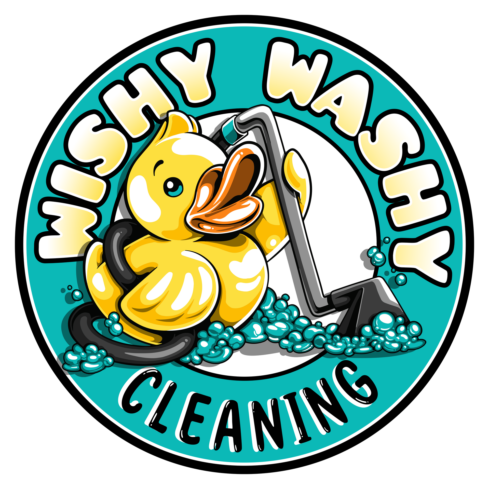 A logo for a cleaning company with a rubber duck and a vacuum cleaner.