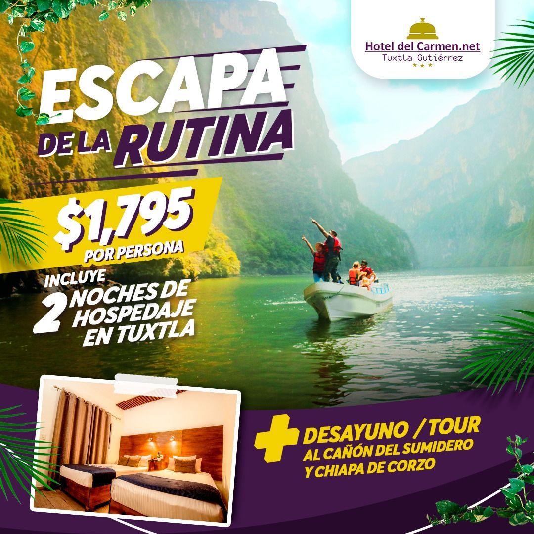 Anuncio de viaje: Escápate de la rutina con un viaje a Tuxtla, incluye alojamiento, desayuno y recorridos