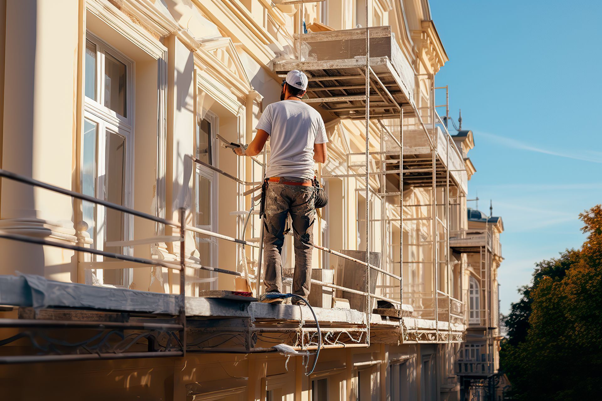 A man is standing on a scaffolding painting the side of a building.