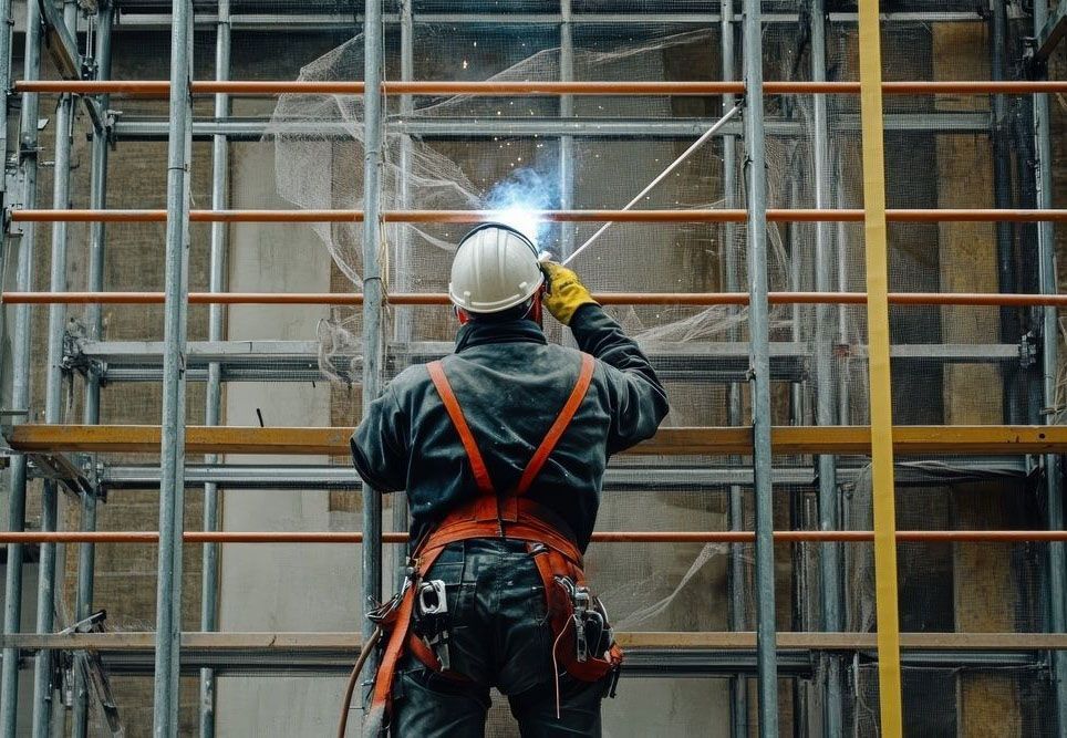 A construction worker is welding a wall on a scaffolding.