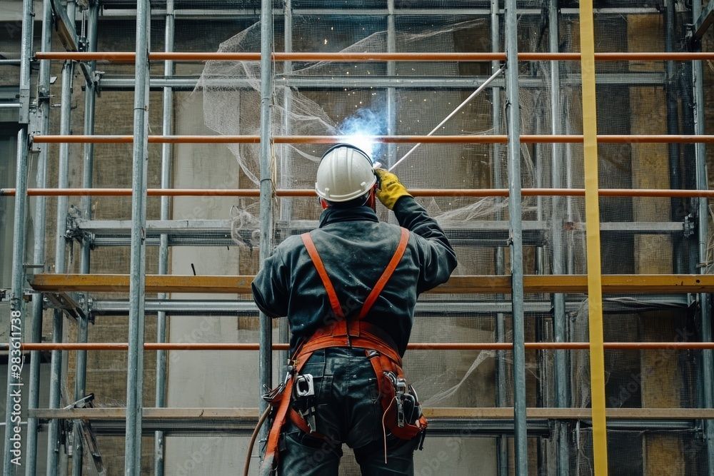 A construction worker is welding a wall on a scaffolding.