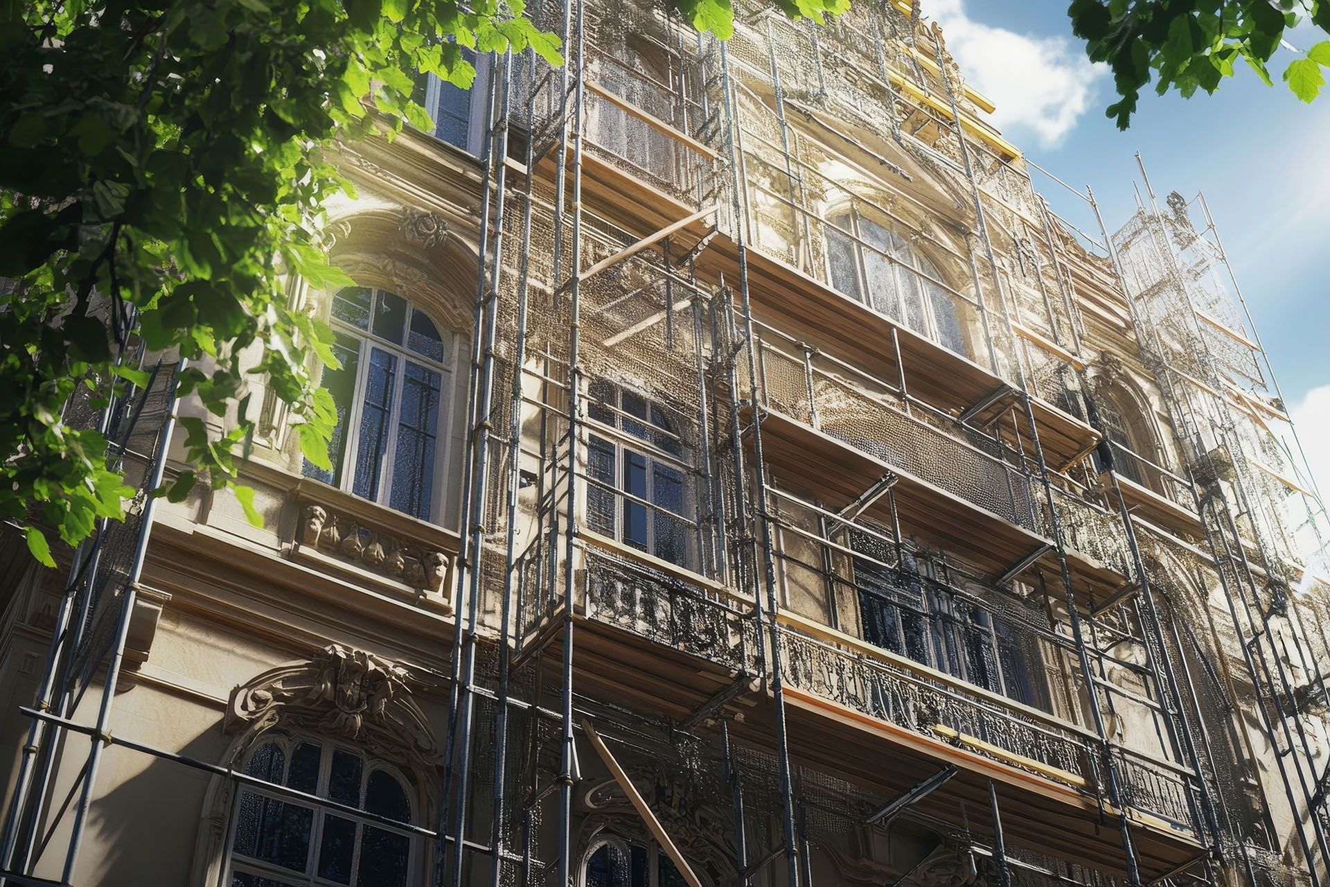 A large building with scaffolding on the side of it.