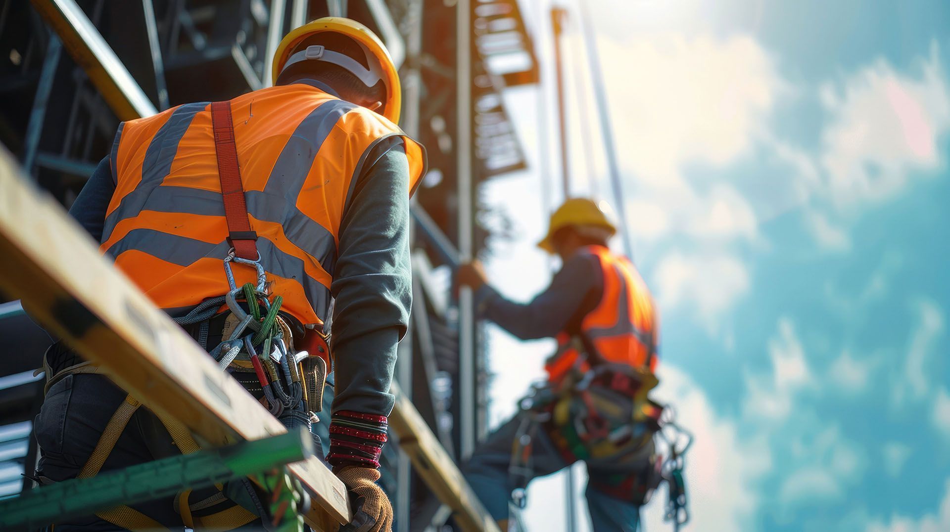 Two construction workers are working on a building on a scaffolding.