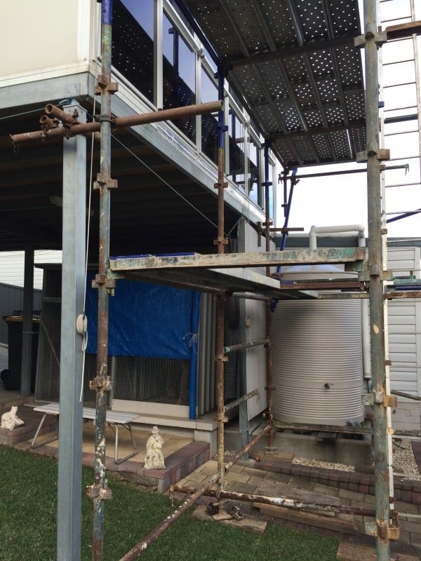 scaffolding below a building