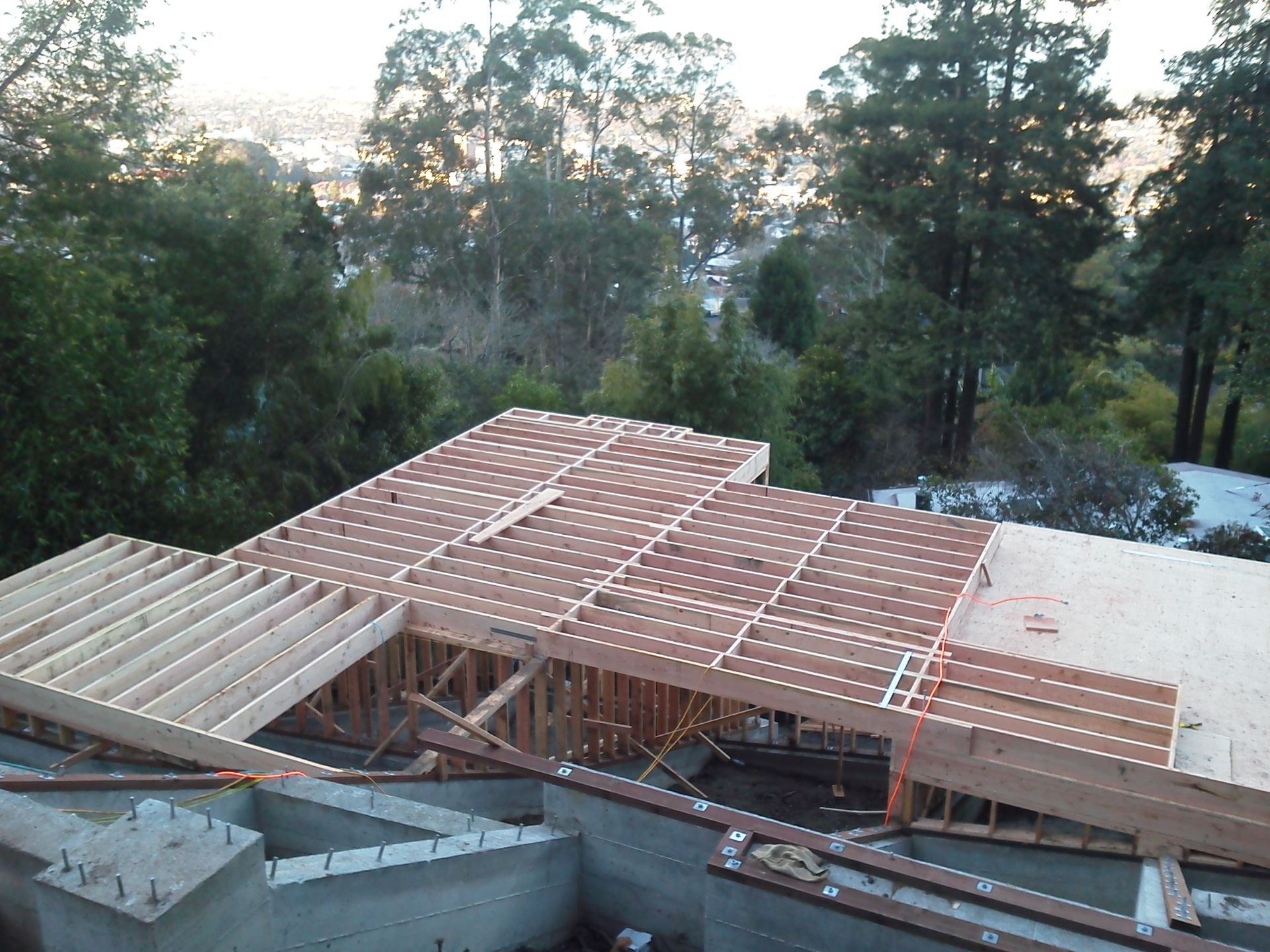 The roof of a house is being built and surrounded by trees